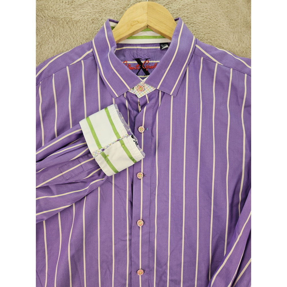 Robert Graham Dress Shirt Flip Cuff Size XXL Purple White Stripes 100% Cotton
